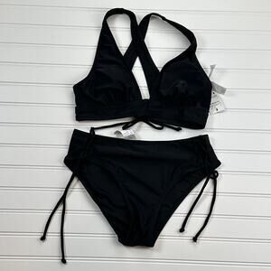 Women Small Black 2 Piece V-Neck Triangle Top Cross Back Bikini Lace Up Mid Rise